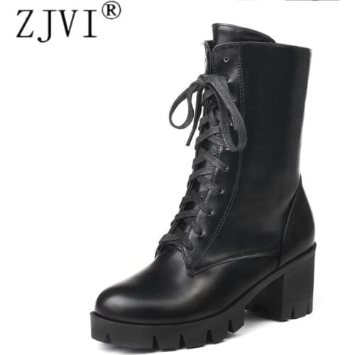 ZJVI 2020 Women Cross Tied Mid Calf Boots Womens Winter Autumn Snow Boots Sexy Woman Black Warm Plush Square Heels Ladies Shoes