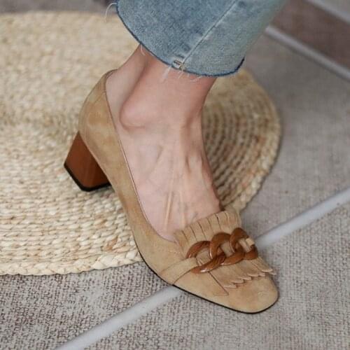 2021 New Spring/Autumn Women Shoes Round Toe Square Heel Women Pumps Sheep Suade Tassel Chunky Heel Slip-On Solid Lady Shoes
