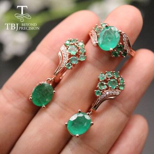 TBJ,Natural Emerald Luxury Jewelry set zambia green emrald Ring earring fine jewelry 925 sterling silver for women nice gift