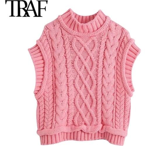 TRAF Women Sweet Fashion CabLe Knitted Cropped Vest Sweater Vintage High Neck Sleeveless Female Waistcoat Chic Tops
