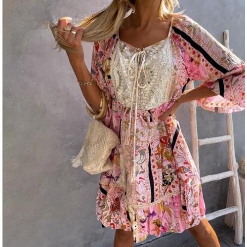 Women Elegant Lace Patchwork Summer Floral Dress Casual Three Quarter Sleeve Loose Party Dress Streetwear Female Dress Vestidos