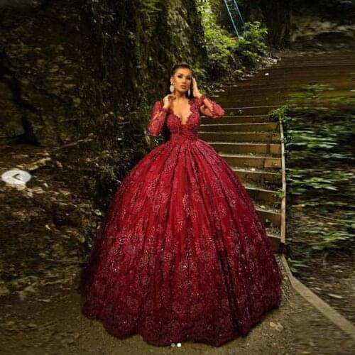 Burgundy Lace Deep V Neck Prom Dresses Sheer Long Sleeves Beaded Ball Gown Evening Dress Saudi Arabia Women Formal Wear Vestidos