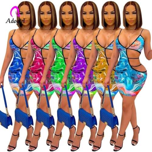Adogirl Tie Dye Color Women Mini Dress Spaghetti Straps Deep V Neck 2021 Summer Sexy Sheer Hollow Out Club Party Bodycon Vestido