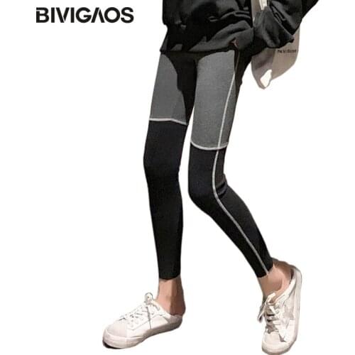 BIVIGAOS 2019 Autumn New Color Matching Workout Leggings Vertical Strip Cotton Elastic Slim Casual Sports Leggings Women Pants