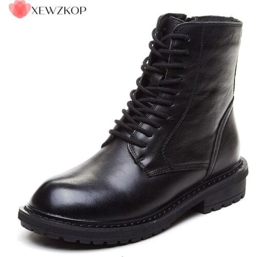 2021 Classic ANN Womens Genuel Leather Winter Martin Boots Zipper Style Girl Ankle Boots Woman Shoes Black Zip Lace Up Non-slip