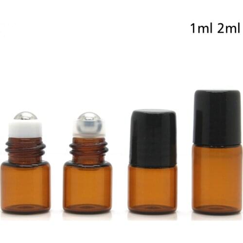 DHL free 500pcs/lot 1ml 2ml Metal Roller On Bottles For Essential Oils Amber Mini Glass Bottles With Black Lid Wholesale