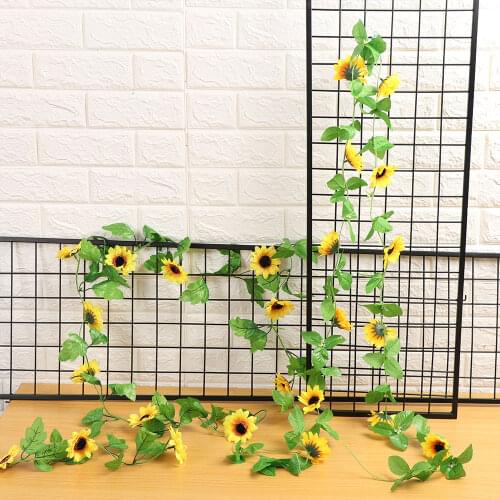 260cm Artificial Flowers With Green Leaves Hanging Garland Fake Silk Sunflower Ivy Vine Garden Fences Home Wedding Decal