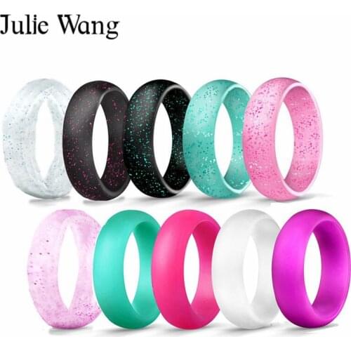 Julie Wang 1Set(7PCS) 5.7mm Width Simple Silicone Colorful Ring Wear For Fashion Party Women Wedding Gift Cocktail Sequins Rings