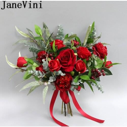 JaneVini Red Artificial Rose Bridal Flowers Silk Wedding Bouquets Vintage Peony Outside Wedding Ribbon Bride Bouquet Da Sposa
