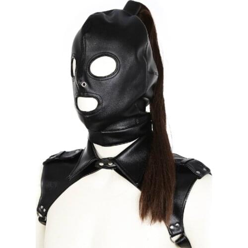 Latex Mask Rubber Unisex Hood with Wig Rubber Fetish Mask Two Braid Wigs Latex Headgear Sexy Cosplay Accessaries BDSM Mask Toys