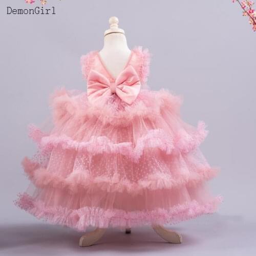 Sweet Pink Tiered Flower Girls Dresses Bow Puffy Tulle Children Pageant Ball Gown Kids Birthday Communion Wears
