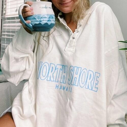 Fashion Casual Women T-shirt Letter Print Top Tee Streetwear White Long Sleeve T-shirt Spring Button Loose T-Shirt Women Clothes