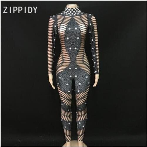 Fashion Black Rhinestones Long Sleeves Jumpsuit Womens Party Bodysuit Spandex Outfit Evening Female Singer Dance Wear