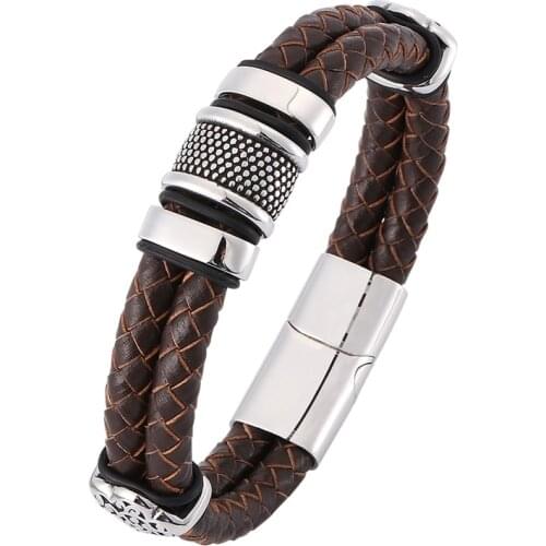 Men Jewelry Vintage Brown Double Braided Leather Bracelet Men S.Steel Punk Leather Bangle Male Wristband Gift PD0378