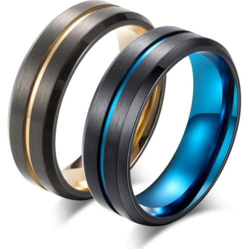 New Titanium Matte Black Mens Ring Double Color Ring Blue/Gold Color Thin Line Ring Wedding Band Male Alliance Jewelry 8mm