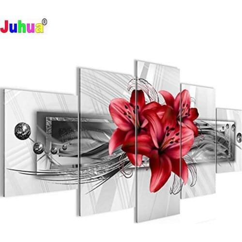 5 Piece Diy Diamond Painting Red Lily Cross Stitch Kits Full Drill Square Round Mosaic Embroidery Flower Multi Panel Home Art