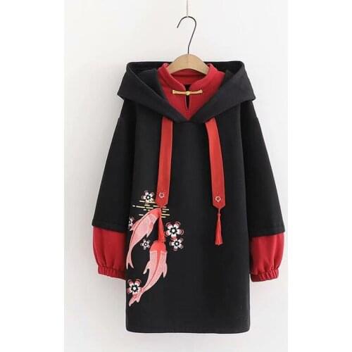 2021 New Hoodie Retro Country Style Embroidered Koi Thick Autumn and Winter Wear Hooded Long Fake Two-piece Sweater Women Men