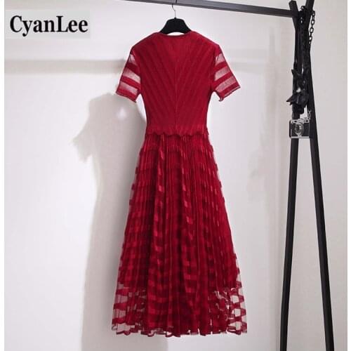 Cyanlee Newest Women Summer Dress Elegant Ladies All-matching Solid Long Dress Stretch Fabric Pleated Mesh Mid-calf Dress