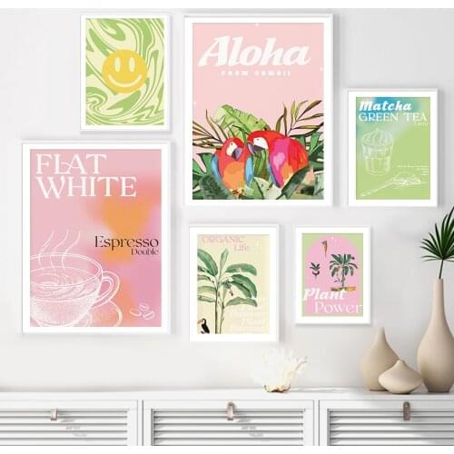 Flat White Green Tea Parrot Banana Plant Wall Art Canvas Painting Nordic Posters And Prints Pictures For Living Room Home Decor