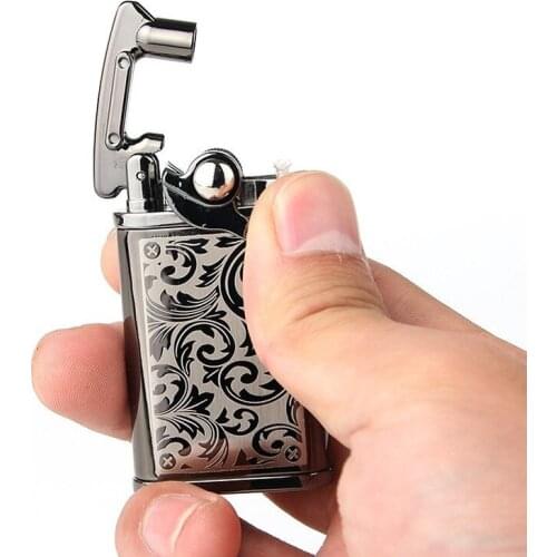 Tang Grass Flower Pure Copper Ultra-thin Carved Grinding Wheel Kerosene Lighter Vintage Pattern Regalos Para Hombre Originales