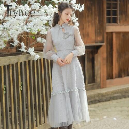 Trytree 2021 Spring Autumn Womens Dress Casual Knitted Cheongsam Collar Bow Patchwork Mesh Puff Sleeve Ruffles Elegant Dress
