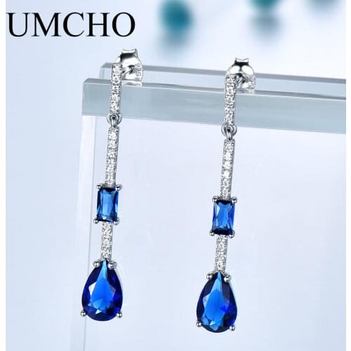 UMCHO Pure 925 Sterling Silver Drop Earrings For Women Blue Sapphire Earrings Gemstone Wedding Engagement Party Jewelry