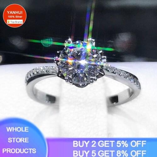 YANHUI 100% Original 925 Solid Silver Ring Luxury 2.0ct Lab Diamond Wedding Band Fine Jewelry Gift For Women Girl Gift