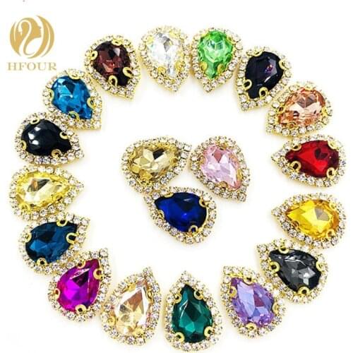20pcs/pack Mixed colors Gold bottom Crystal buckle Teardrop shape Sew On Rhinestone with claw DIY hair clips /Bags/Garment