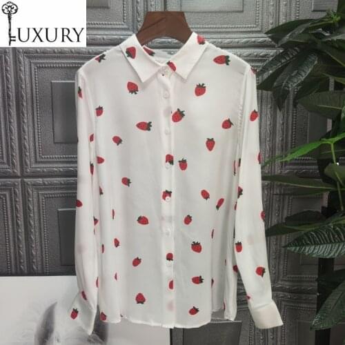 Autumn 100%Silk Blouse 2020 Style Women Turn-down Collar Sweet Fruits Print Long Sleeve Elegant White Shirt Blusa Feminino