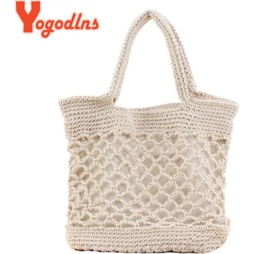 Yogodlns New Crochet Beach Handbag for Girls Summer Straw Rope Hollow Out Hand Woven Totes Bag Women Hollow Knitting Handbag
