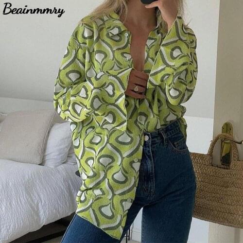 Za 2021 Women Vintage Green Geometric Long Sleeve Shirt Female Y2K Spring Autumn Turn Down Collar Button Up Blouses Top