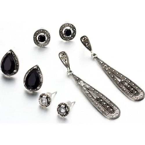 Women Stud Earrings Antique Silver Color Hollow Waterdrop Crystal Round Beads Statement Earring Jewelry Dangle Eardrop 4 pairs