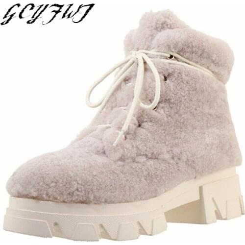Womens Ankle Boots Sheepskin A System With Snow Boots Plus Fleece Thick-soled High Boots Warm Waterproof Flat Platform Shoes
