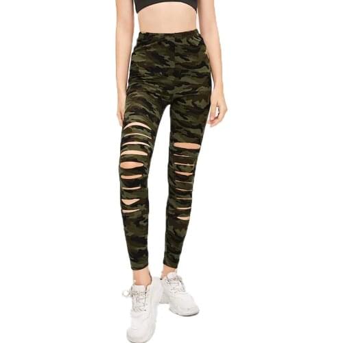 Womens High Waist Ripped Workout Capri Leggings Sexy Holes Women Casual Camouflage Jogger Sweatpants Camo Jeggings Pants