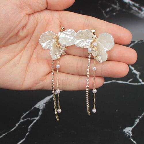 Clip Earrings Tassel Double Row Long Chain Zircon Clip On Earrings Non Pierced Elegant Flower Pendant Dangle Jewelry For Women