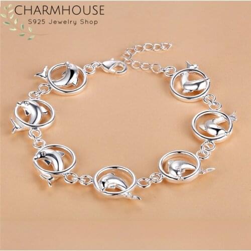 Charmhouse 925 Silver Bracelets For Women Circle Dolphin Link Chain Bracelet Wristband Pulseira Fashion Jewelry Party Gifts