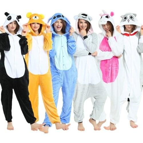 Women Unicorn Totoro Cat Onesies Unisex Winter Bear Stitch Onesies Kids Nightwear Anime Costume Adults Flannel Sleepwear Pajamas
