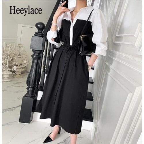 Women Shirt Dresses Summer 2021 New Elegant Black White Patchwork Vestidos Female Long Lace-up Lady Dress