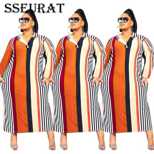 SSEURAT Plus size XL-5XL Women Autumn Fashion Striped Print Maxi Dress Casual Long Dresses Vestidos