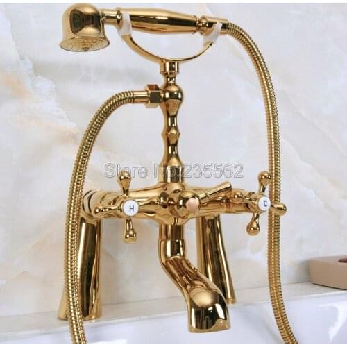 Golden Brass Bathroom Deck Mount Clawfoot Bath Tub Faucet W/ Handshower lna151