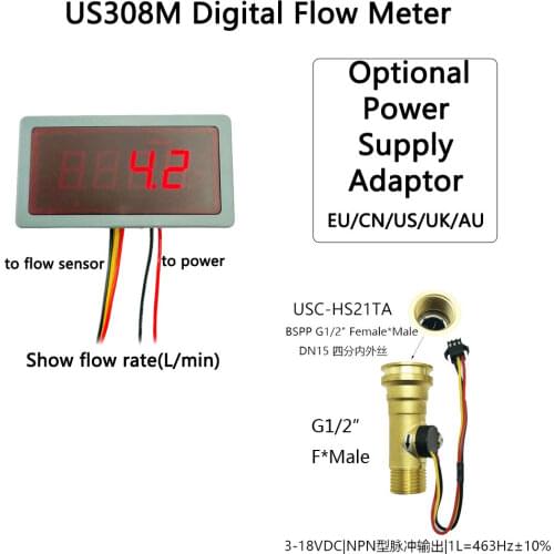 US208MR Flow Totalizer+USC-HS21TI 1-30L/min G1/2" Flow Rate Display and Frequency Counter Hall water Flow Sensor