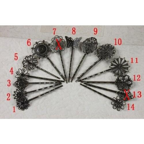 120PCS (12styles) MIX vintage Antique Bronze hairpins cameo setting flower cabochon base hair accessories jewelry DIY Findings