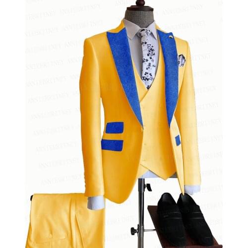 2021 Fashion Yellow Men Suit Slim Fit Custom Groom Wedding Prom Suit Jacket Double Breasted Vest Pants Dinner Dress Tuxedo Set