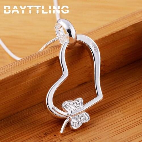 BAYTTLING 925 Sterling Silver 18 Inch Snake Chain Butterfly Heart Pendant Necklace For Woman Luxury Fashion Wedding Gift Jewelry