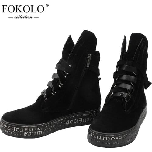 FOKOLO Platform Boots Round Toe Cross-tied Kid Suede Zipper Med Heel Ankle Boots 2020 New Winter Fashion Lady Shoes Handmade X4