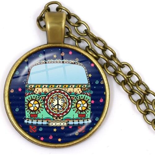 Cute Peace Bus Necklace Cartoon Bus Flower Power Vintage Car Photo Hippie Peace Sign Glass Dome Pendants Long Chain Jewelry