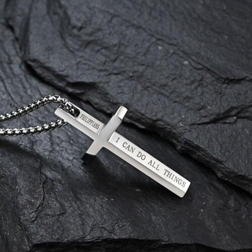 Trendy Philippians I CAN DO ALL THINGS Cross Necklace Pendant for Men Stainless Steel Simple Inspirational Male Gift