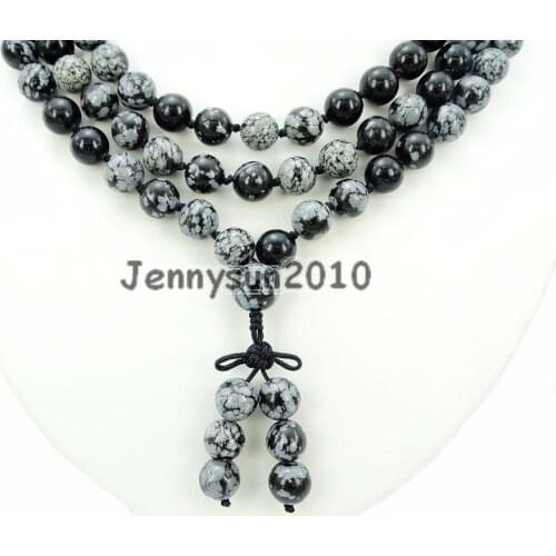 Natural Snowflake 10mm Gems Stone Buddhist 108 Beads Prayer Mala Knot Necklace Multi-Purpose 5Strands/Pack