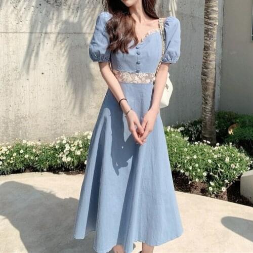 Large size gentle dress summer 2021 new lace bubble sleeve French first love blue dress Lace Sheath Preppy Style