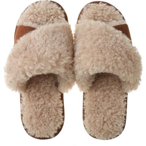New House Slippers For Women Faux Fur Slides Slipper Shoes Female Home Soft Slippers Splicing Winter Cotton Slippers hh132